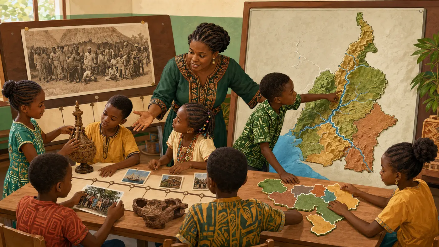 Cameroon pupils exploring History and Geography through a classroom map