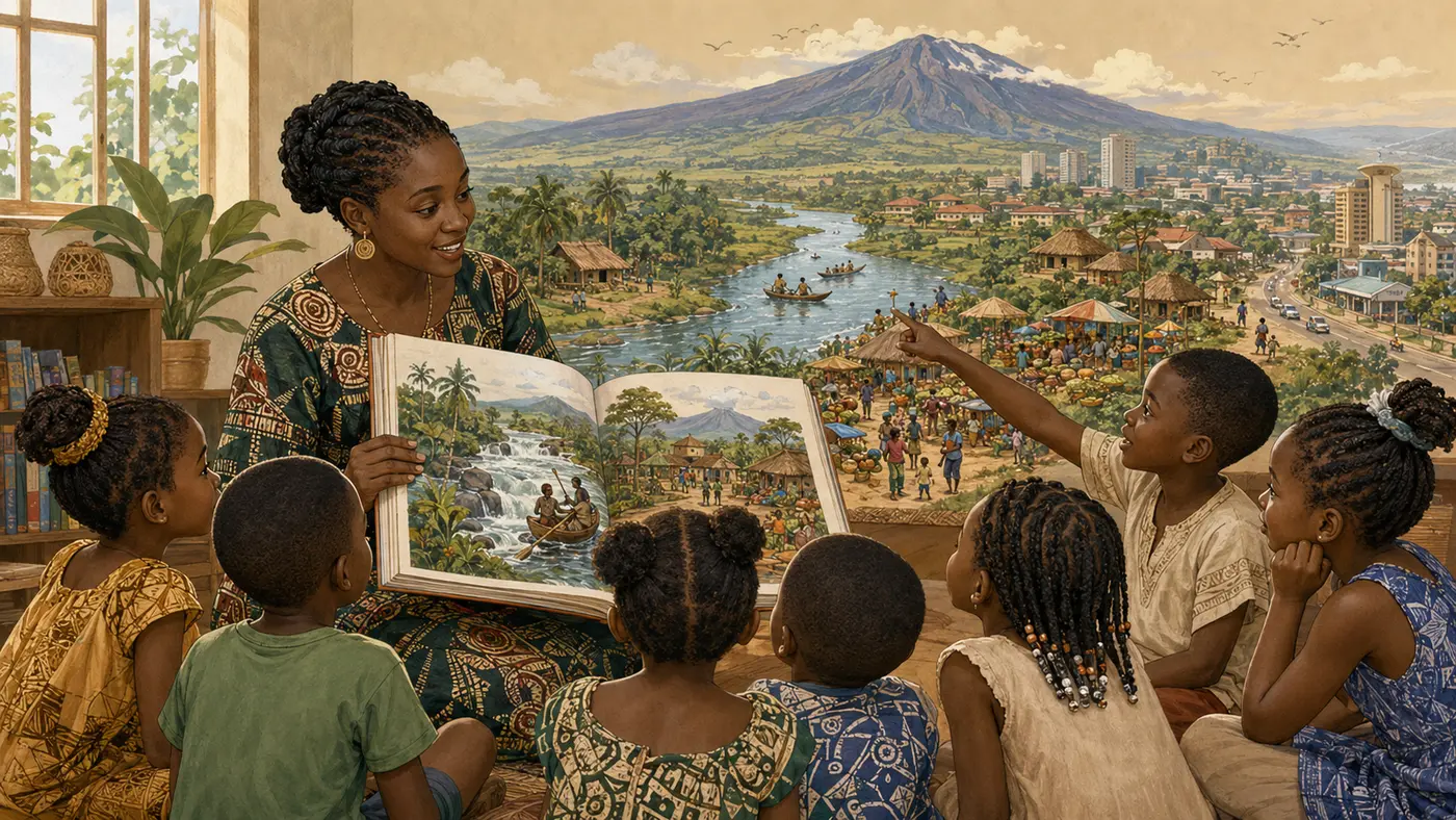 Children reading a Cameroon-centred story in a primary classroom