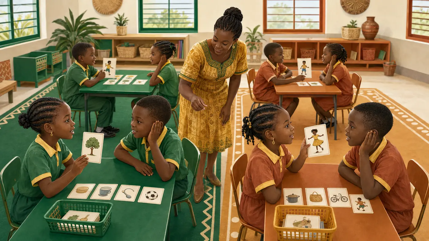 Cameroon primary learners practising English and French together