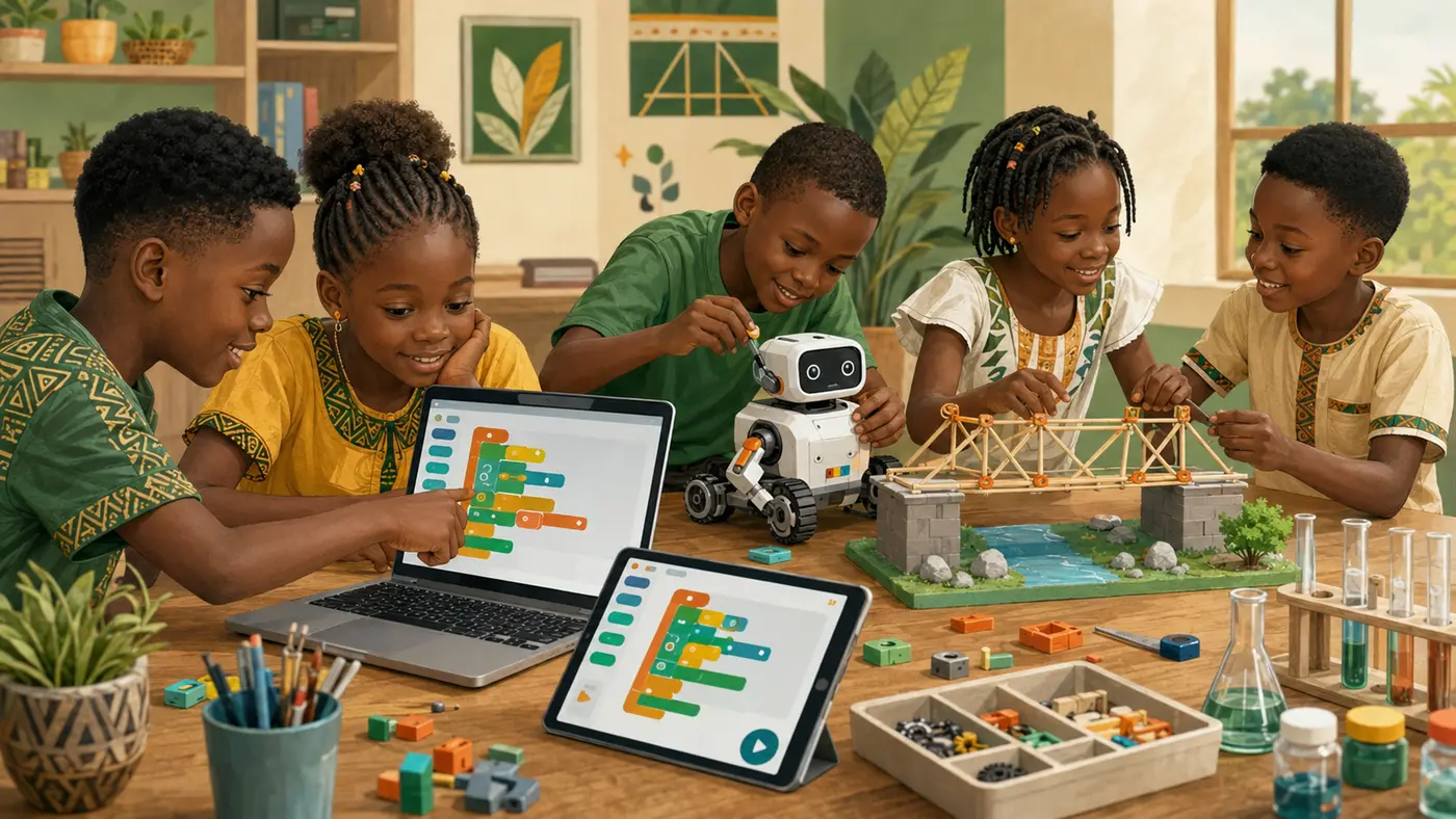 Cameroon children building coding and STEM projects together