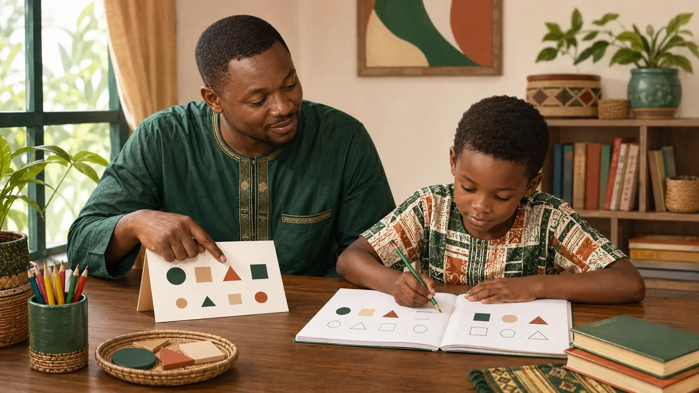 Adult guiding a child to complete homework independently