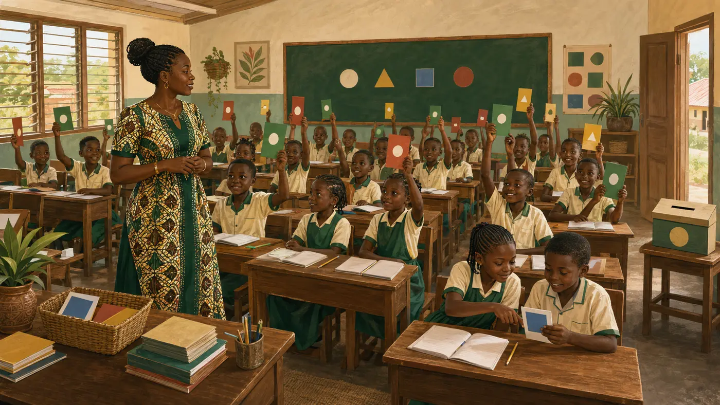 Teacher checking understanding in a large Cameroon primary class