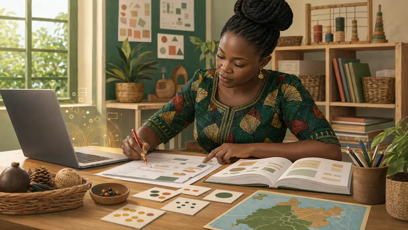 Cameroon teacher reviewing an AI-assisted lesson plan before teaching