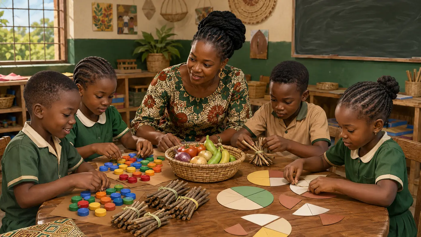 Primary pupils learning Mathematics with familiar Cameroon materials